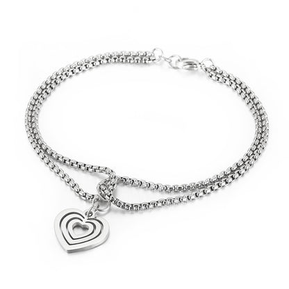 Retro Golden Double-layer Pearl Chain Popular Stainless Steel Multi-layer Heart-shaped Hollow Pendant Bracelet