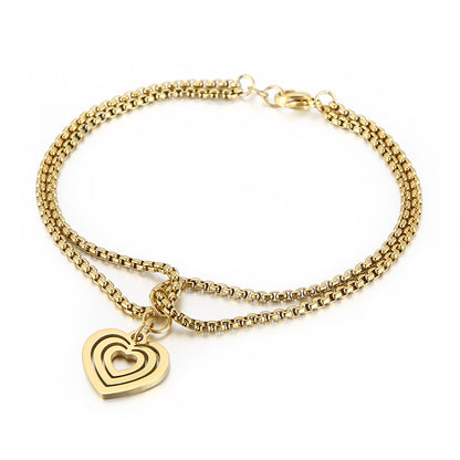 Retro Golden Double-layer Pearl Chain Popular Stainless Steel Multi-layer Heart-shaped Hollow Pendant Bracelet