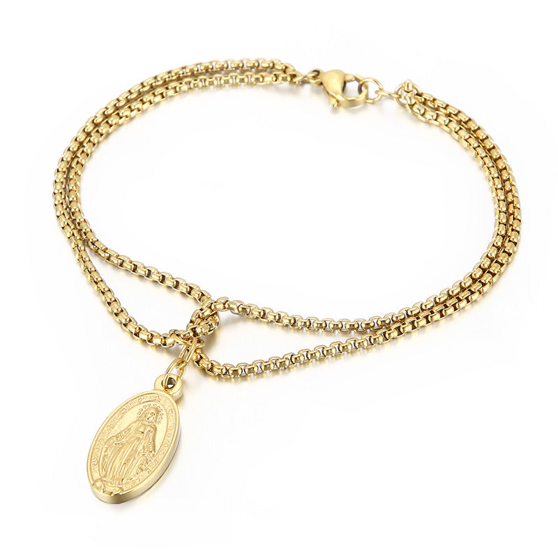 Fashion Trend Double Pearl Chain Oval Goddess Pendant Bracelet