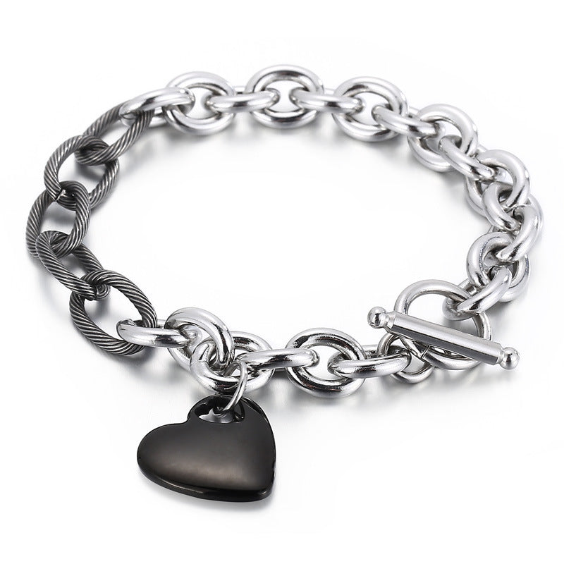 European And American Fashion Jewelry Black Heart-shaped Pendant Stitching Ot Buckle Stainless Steel Bracelet