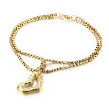 Personality Multi-layer Pearl Chain Heart-shaped Hollow Pendant Stainless Steel Bracelet Wholesale