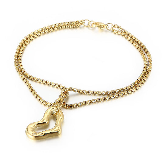Personality Multi-layer Pearl Chain Heart-shaped Hollow Pendant Stainless Steel Bracelet Wholesale