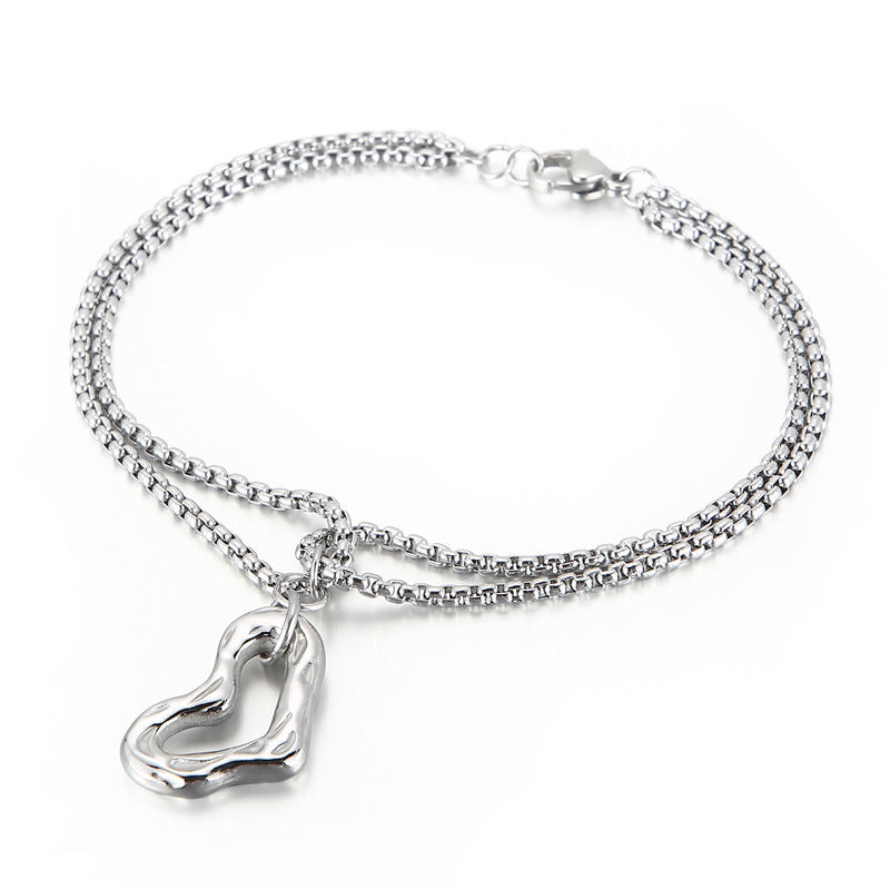 Personality Multi-layer Pearl Chain Heart-shaped Hollow Pendant Stainless Steel Bracelet Wholesale