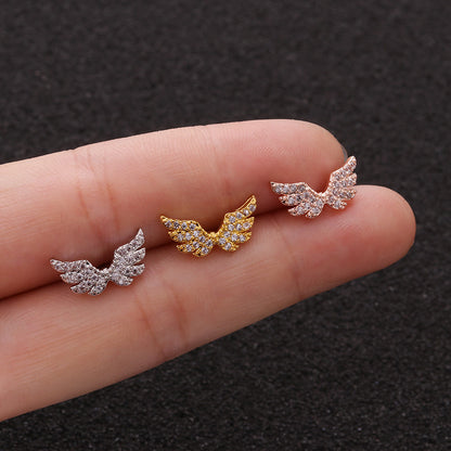 Foreign Trade Creative Angel Wings Zircon Small Ear Studs Stainless Steel Screw Earrings Fashion Ear Bone Stud Cross-border Earrings