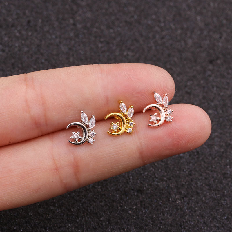 Cross-border New Arrival Creative Xingyue Zircon Ear Bone Stud Stainless Steel Thin Rod Ear Studs Foreign Trade Ear Piercing Jewelry Manufacturer