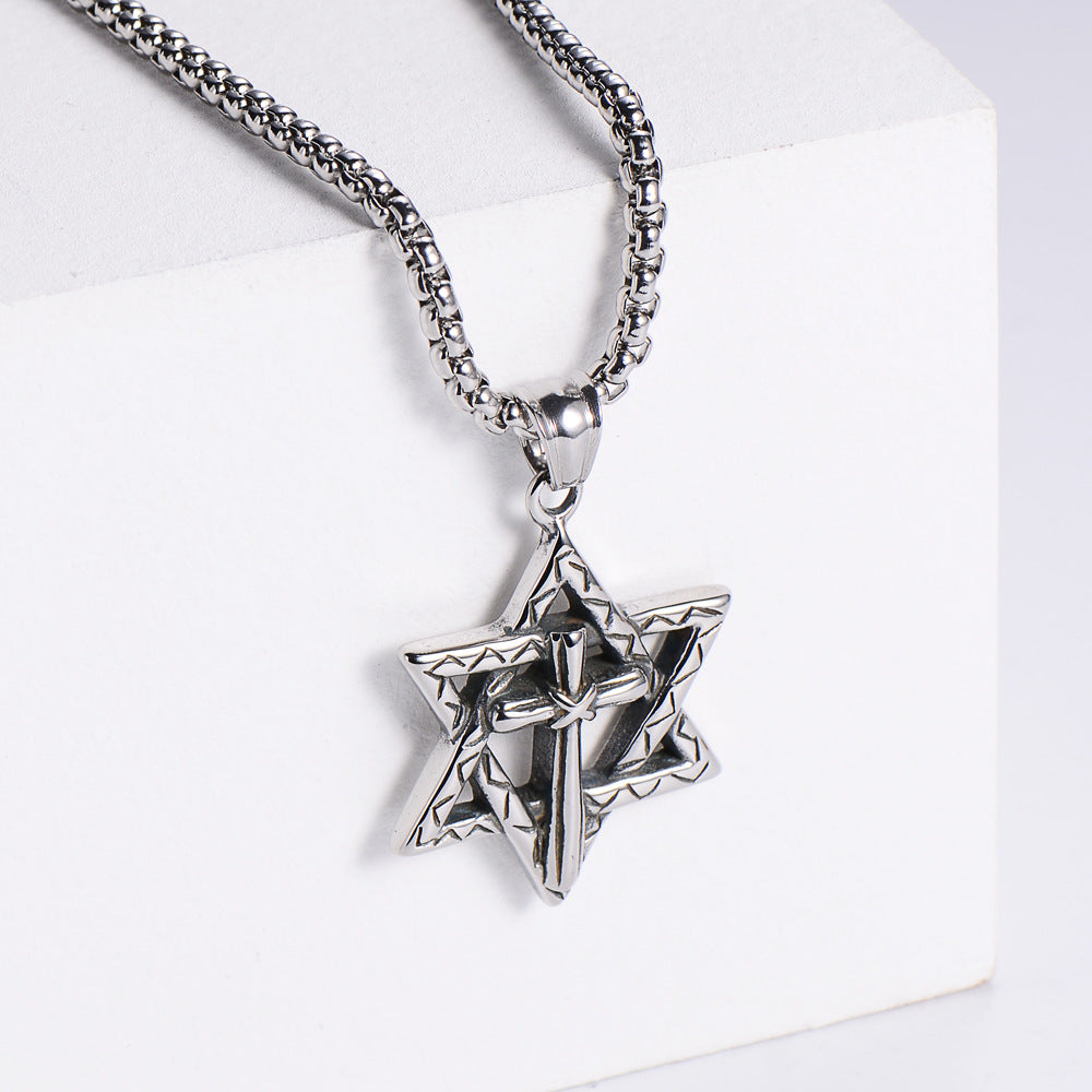 Aml European And American Fashion Titanium Steel Hexagram Necklace Vintage Cross Casting Pendant Ornament