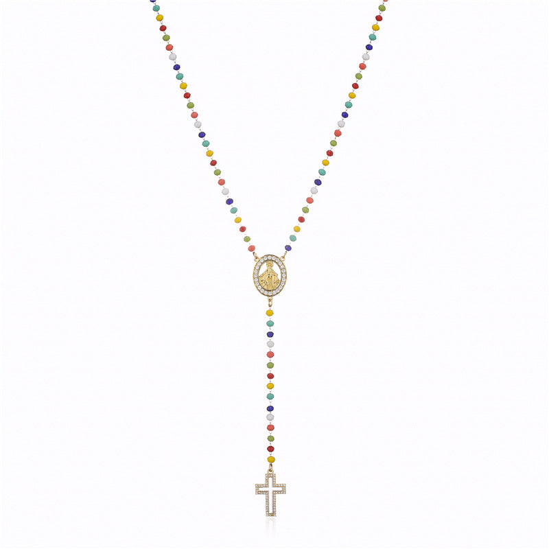 Colored Stone Virgin Mary Necklace Stainless Steel Plated 18k Color Preserving