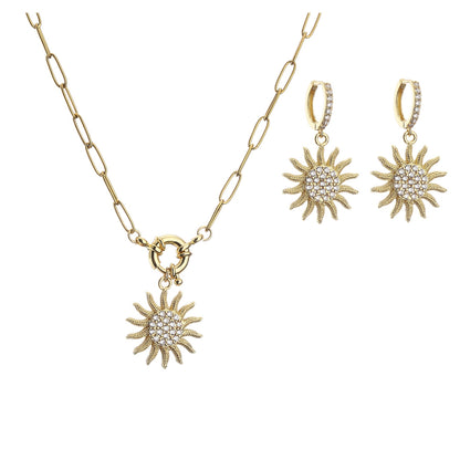 Hecheng Ornament Micro Inlaid Zircon Sun Necklace And Earrings Suite Ornament Cross-border Sold Jewelry Ornament