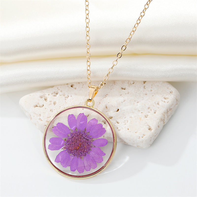 Bohemian Natural Dried Flower Transparent Round Resin Necklace