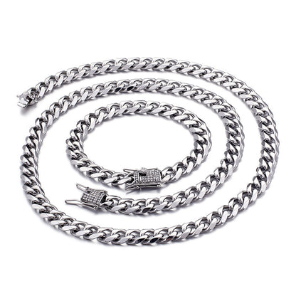 Europe And America Cross Border Fashion Titanium Steel Men's 11mm Bracelet Necklace Sweater Chain Two-piece Set For Boyfriend Factory Direct Sales