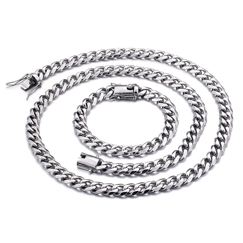 European And American New Stainless Steel Necklace Men's Titanium Steel 15mm Bracelet + Necklace Sweater Chain Two-piece Set For Boyfriend Gift