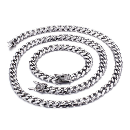 European And American New Stainless Steel Necklace Men's Titanium Steel 15mm Bracelet + Necklace Sweater Chain Two-piece Set For Boyfriend Gift