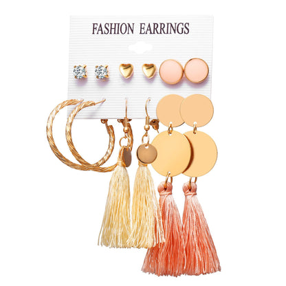 New Hot Sale Bohemian Moon Triangle Tassel Earring Set 6 Pairs Wholesale