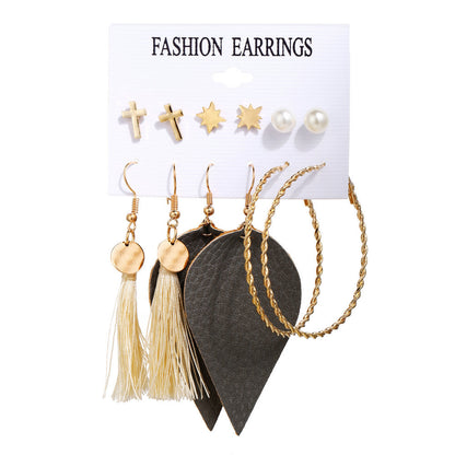 New Hot Sale Bohemian Moon Triangle Tassel Earring Set 6 Pairs Wholesale