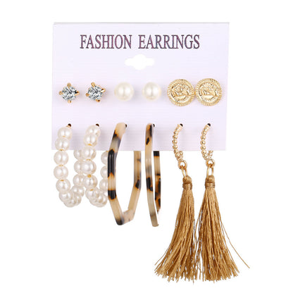 New Hot Sale Bohemian Moon Triangle Tassel Earring Set 6 Pairs Wholesale