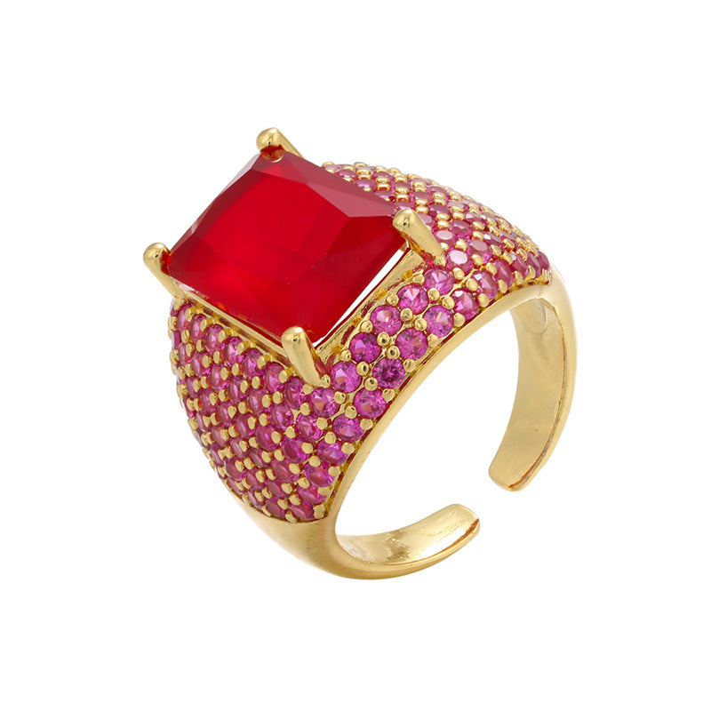 Retro Colored Diamonds Micro-inlaid Square Zircon Copper Open Ring