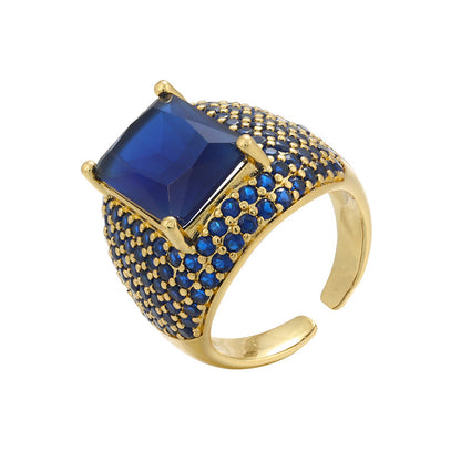 Retro Colored Diamonds Micro-inlaid Square Zircon Copper Open Ring