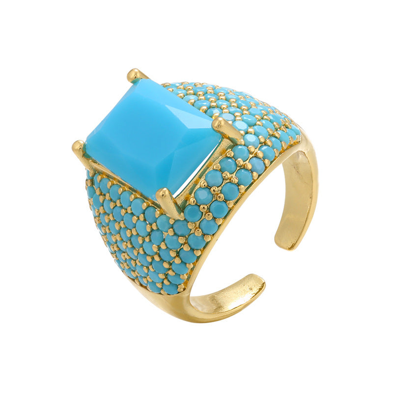 Retro Colored Diamonds Micro-inlaid Square Zircon Copper Open Ring