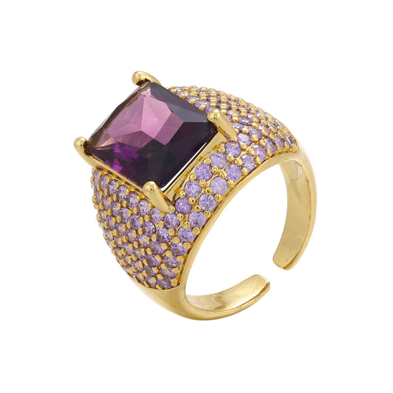 Retro Colored Diamonds Micro-inlaid Square Zircon Copper Open Ring