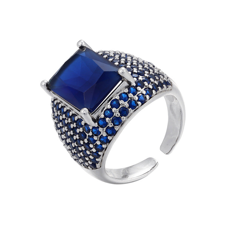 Retro Colored Diamonds Micro-inlaid Square Zircon Copper Open Ring