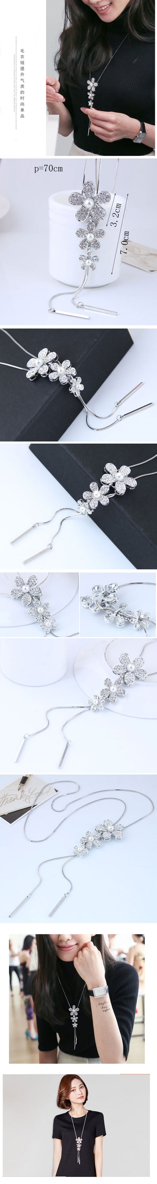 Korean Fashion Metal Concise Flashing Rhinestone Flower Accessories Dripping Long Necklace Sweater Chain