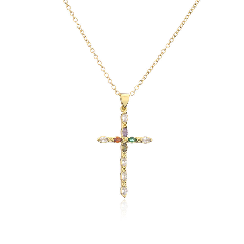 Retro Copper Plated Real Gold Color Zirconium Cross Pendant Necklace Female Religious Jewelry