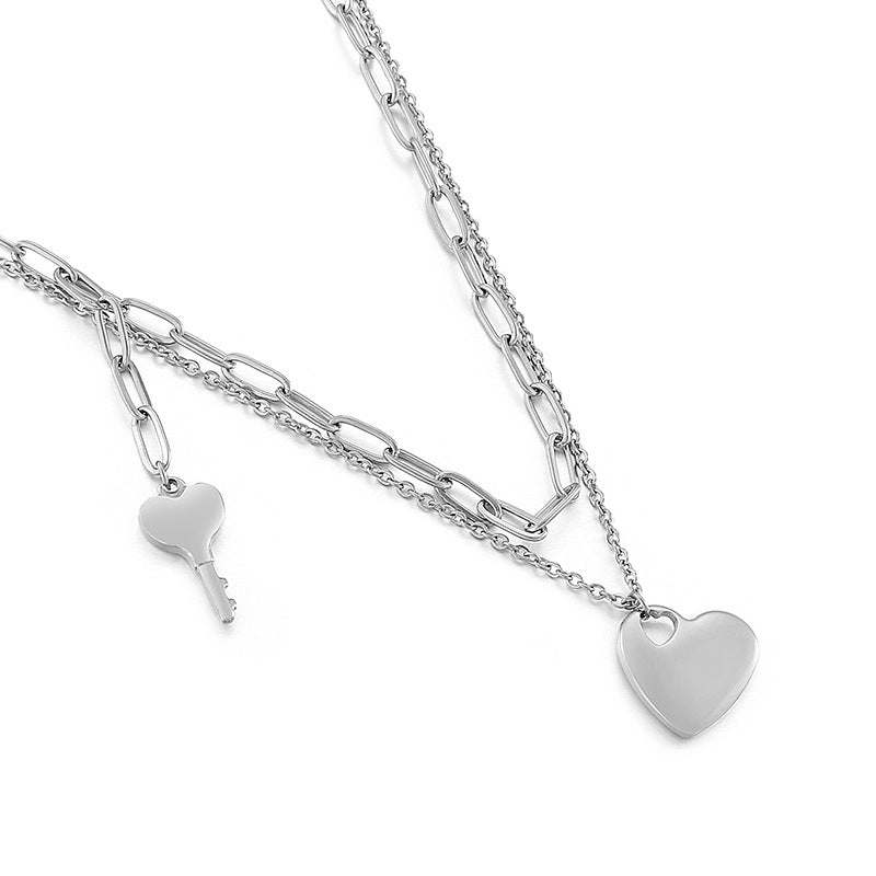 Stainless Steel Heart-shape Tassel Necklace Double Necklace