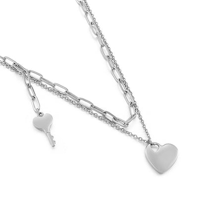 Stainless Steel Heart-shape Tassel Necklace Double Necklace