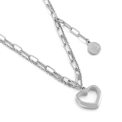 Stainless Steel Heart-shape Tassel Necklace Double Necklace