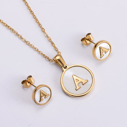 New Simple Stainless Steel Round Inlaid White Shell Letter Earrings Pendant Necklace Set