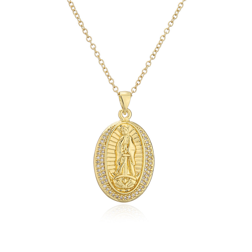 Europe And America Jewelry Copper Micro-inlaid Zircon Virgin Mary Pendant Golden Necklace