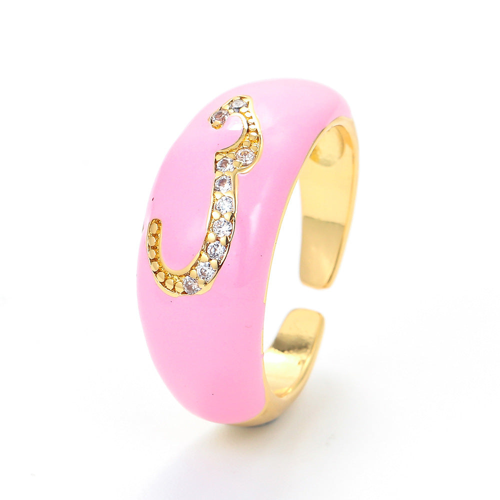 Fashion Micro-inlaid Color Drop Oil Ring Zircon Letter Pattern Opening Adjustable Jewelry Wholesale