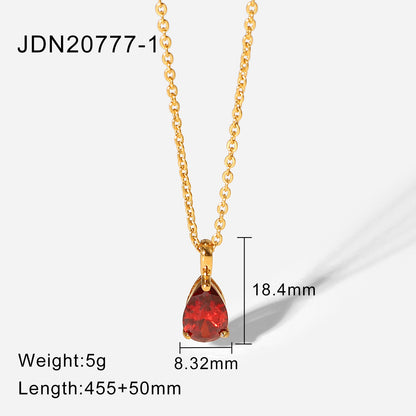 Simple 18k Gold-plated Color Zircon Stainless Steel Drop-shaped Pendant Necklace