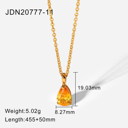 Simple 18k Gold-plated Color Zircon Stainless Steel Drop-shaped Pendant Necklace