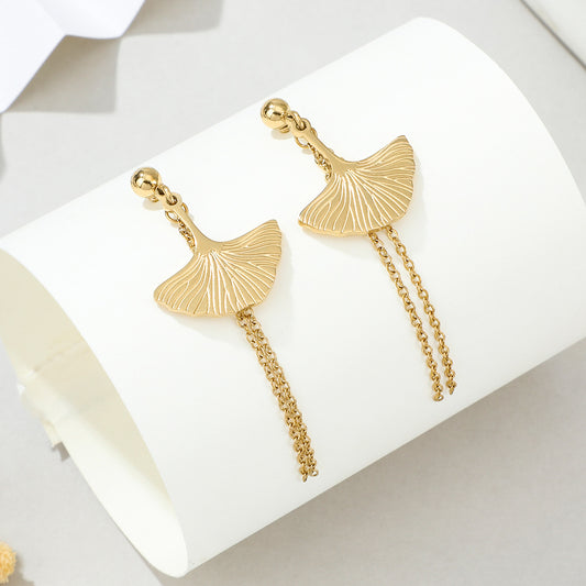 New Stainless Steel Fan-shaped Tassel Earrings Fashion Golden Leaf Long Earrings