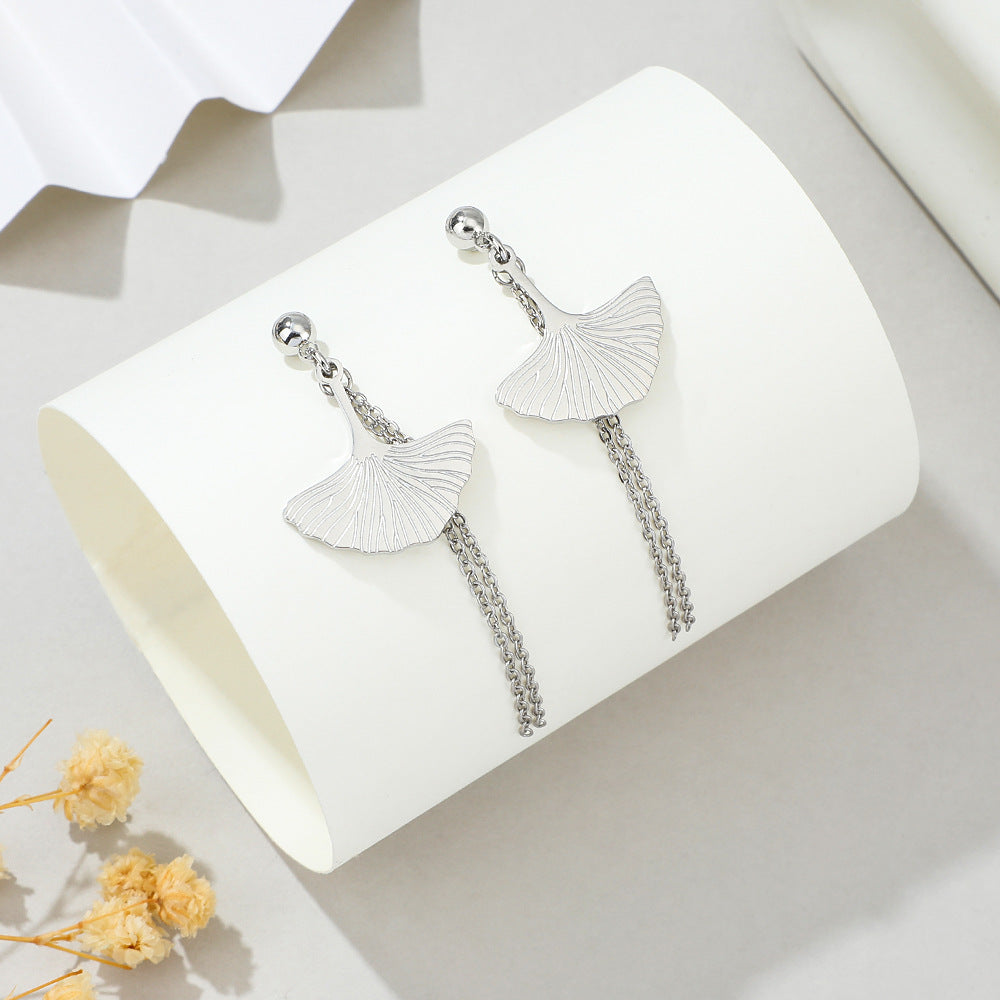 New Stainless Steel Fan-shaped Tassel Earrings Fashion Golden Leaf Long Earrings