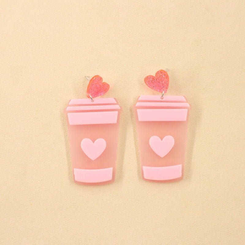 European And American Fashion Personality Creative New Heart Milk Tea Acrylic Earrings