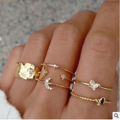 Fashion Triangle Love Heart Full Diamond Butterfly Ring 5-piece Set Creative Retro Female Ring