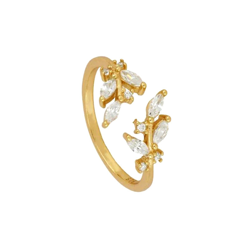 Fashion Geometric Diamond Leaf 18k Gold Ring Small Personality Open Ring Female