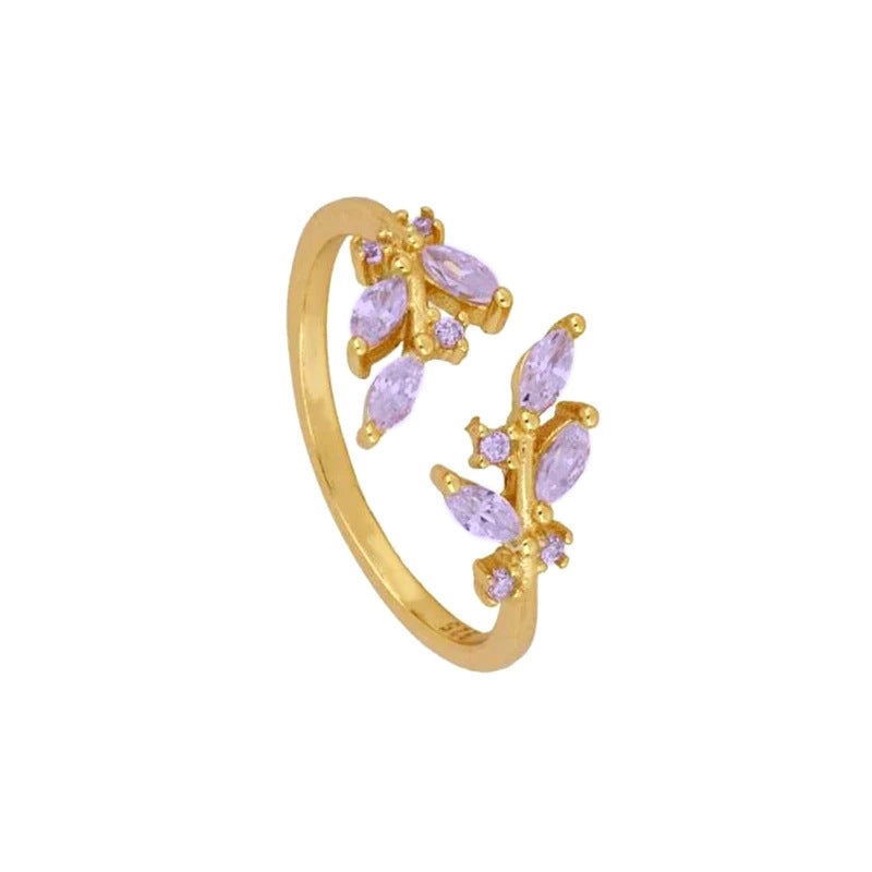 Fashion Geometric Diamond Leaf 18k Gold Ring Small Personality Open Ring Female