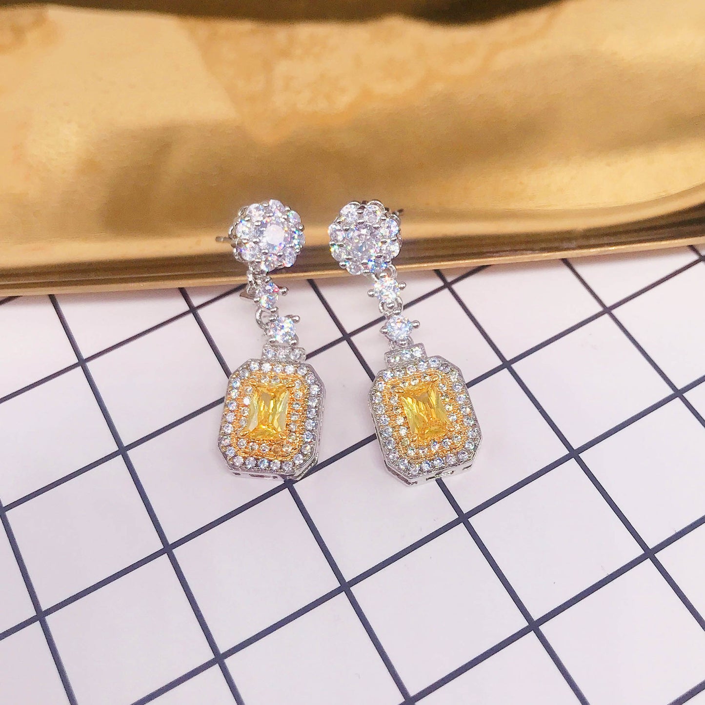 New Micro-inlaid Yellow Square Diamond Earrings Ear Jewelry