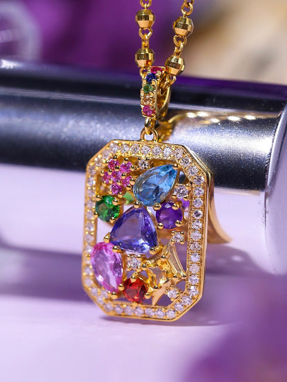 Romantic Colorful Gemstone Ring Full Of Tanzanite Pendant Necklace Set