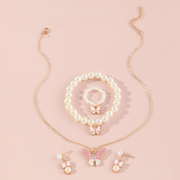 Butterfly Alloy Pendant Children Necklace Pearl Bracelet Set