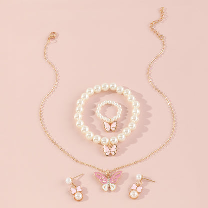 Butterfly Alloy Pendant Children Necklace Pearl Bracelet Set