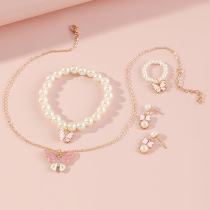 Butterfly Alloy Pendant Children Necklace Pearl Bracelet Set