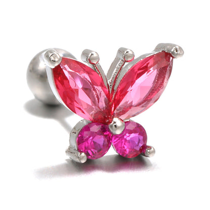 Romantic Red Butterfly Ear Bone Studs Pink Thread Ball Piercing Ear Studs