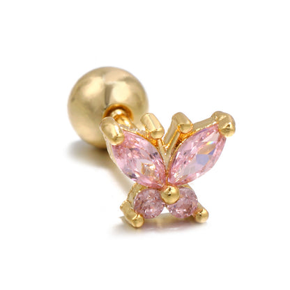 Romantic Red Butterfly Ear Bone Studs Pink Thread Ball Piercing Ear Studs