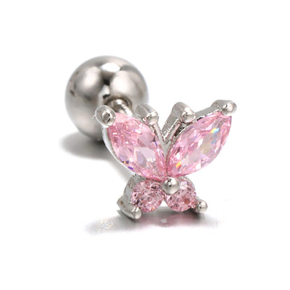 Romantic Red Butterfly Ear Bone Studs Pink Thread Ball Piercing Ear Studs