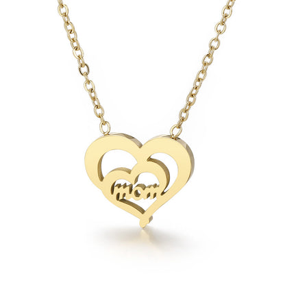 Titanium Steel Gold Double Heart Shaped Letter Mom Pendant Necklace