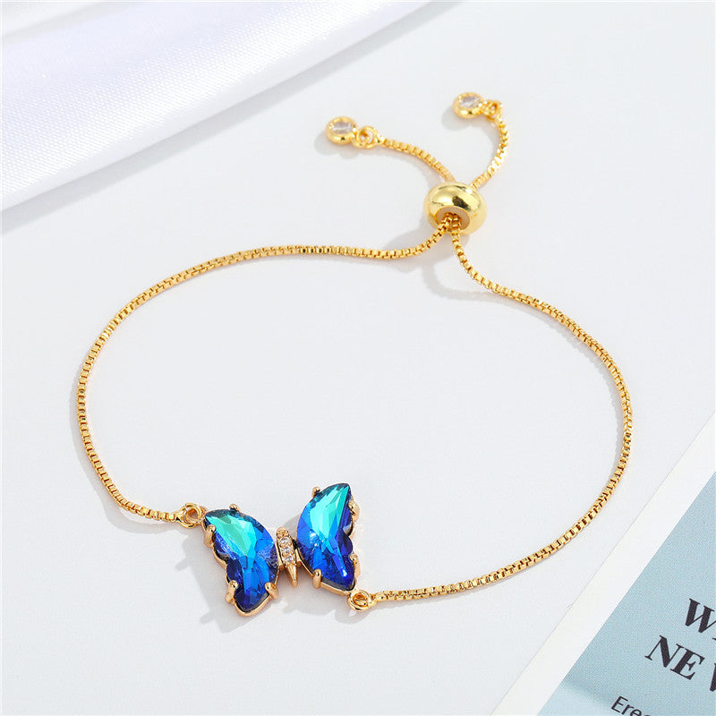 Simple Temperament Sparkling Crystal Butterfly Pendant Adjustable Bracele